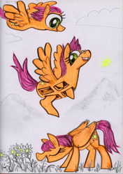 Size: 3953x5602 | Tagged: safe, artist:ja0822ck, derpibooru import, oc, oc only, pegasus, pony, eating, eyes closed, female, flower, flying, herbivore, horses doing horse things, landing, landing gear, mare, not scootaloo, solo, traditional art, wat