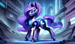 Size: 3264x1920 | Tagged: safe, ai content, derpibooru import, generator:easyfluff v11.2, generator:stable diffusion, machine learning generated, princess luna, alicorn, pony, robot, robot pony, city, cyberpunk, ethereal mane, ethereal tail, female, mare, night, prompter:siber, roboticization, solo, tail