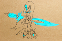 Size: 6000x4000 | Tagged: safe, artist:leesys, derpibooru import, oc, oc only, oc:leesys, semi-anthro, unicorn, armor, fantasy class, magic, sketch, sword, warrior, weapon