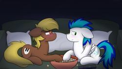 Size: 5120x2880 | Tagged: safe, artist:japkozjad, derpibooru import, oc, oc only, oc:hurrcio, oc:thunderled, earth pony, pegasus, blushing, bowl, cutie mark, duo, duo male, earth pony oc, food, gay couple, holding hooves, lidded eyes, lying, male, pegasus oc, pillow, popcorn, remote, romantic, sofa, stallion, vignette