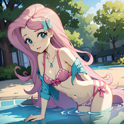 Size: 1536x1536 | Tagged: safe, ai content, derpibooru import, machine learning generated, fluttershy, human, equestria girls, belly button, bikini, breasts, cleavage, clothes, female, flower, house, human coloration, jewelry, legs in the water, looking at you, necklace, outdoors, partially submerged, smiling, smiling at you, solo, swimming pool, swimsuit, tree, water