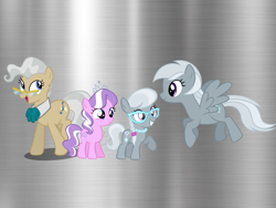 Size: 957x720 | Tagged: artist needed, source needed, safe, derpibooru import, diamond tiara, mayor mare, silver spoon, silverspeed, earth pony, pegasus, pony, adopted, adopted offspring, family, female, filly, foal, glasses, grin, headcanon in the description, jewelry, mama silverspeed, mayorspeed, mother and child, mother and daughter, necklace, parent and child, parents:mayorspeed, pearl necklace, shipping, siblings, silver background, sisters, smiling, step-daughter, step-mother, story included, tiara