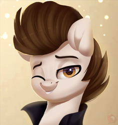 Size: 1920x2030 | Tagged: safe, artist:joaothejohn, derpibooru import, oc, oc:ashwind, pegasus, pony, bust, clothes, commission, cute, jacket, lidded eyes, looking at you, male, pegasus oc, portrait, simple background, smiling, smiling at you, smirk, solo