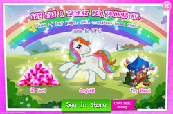 Size: 1961x1298 | Tagged: safe, derpibooru import, idw, confetti (g1), earth pony, pony, g1, g4, advertisement, balloon, blushing, bow, bush, costs real money, english, female, gameloft, gem, idw showified, mare, mobile game, my little pony: magic princess, numbers, sale, solo, tail, tail bow, text