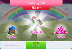 Size: 1264x858 | Tagged: safe, derpibooru import, idw, confetti (g1), earth pony, pony, g1, g4, balloon, blushing, bow, bundle, bush, costs real money, english, female, gameloft, gem, idw showified, mare, mobile game, my little pony: magic princess, numbers, sale, solo, tail, tail bow, text