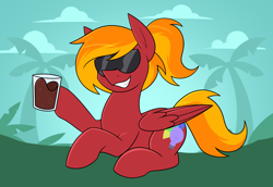 Size: 2138x1475 | Tagged: safe, artist:moonatik, derpibooru import, oc, oc only, oc:moonatik, pegasus, pony, coca-cola, glass, male, pegasus oc, ponytail, solo, stallion, sunglasses