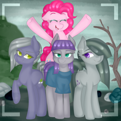 Size: 3000x3000 | Tagged: safe, artist:oniiponii, derpibooru import, limestone pie, marble pie, maud pie, pinkie pie, earth pony, pony, camera shot, clothes, cute, dress, eyes closed, female, group, happy, mare, open mouth, open smile, outdoors, pie sisters, raised hoof, raised leg, siblings, sisters, smiling, when she smiles