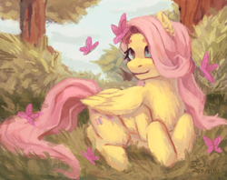 Size: 1541x1219 | Tagged: safe, artist:ワーム, derpibooru import, fluttershy, butterfly, pegasus, pony, female, mare, outdoors, solo, wings