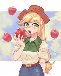 Size: 2436x3066 | Tagged: safe, artist:dalsegno, derpibooru import, applejack, human, equestria girls, apple, belt, clothes, cowboy hat, cowgirl, denim, denim skirt, eating, food, hat, looking at you, open mouth, shirt, skirt, solo, stetson