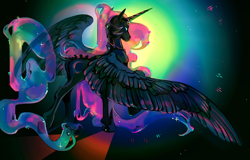 Size: 2560x1641 | Tagged: safe, artist:falkoshut, derpibooru import, nightmare moon, alicorn, pony, g4, blue eyes, crepuscular rays, digital art, ethereal mane, ethereal tail, feather, female, flowing mane, flowing tail, helmet, hoof shoes, horn, large wings, mare, moonlight, night, raised hoof, raised leg, solo, sparkles, spread wings, starry mane, starry tail, stars, tail, wings
