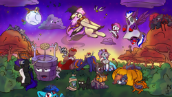 Size: 1920x1080 | Tagged: safe, artist:dark_nidus, artist:mariashek, derpibooru import, oc, oc:hardy, oc:mariashek, alicorn, pony, collaboration, black cat, broom, bush, clothes, cloud, cosplay, costume, crown, flying, flying broomstick, halloween, halloween 2023, hat, holiday, jewelry, king, male, moon, night, pumpkin, regalia, scarf, stallion, striped scarf, tree, well, witch hat