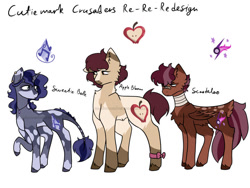 Size: 828x621 | Tagged: safe, artist:mushroombuttons1, artist:realmushroombuttons, derpibooru import, apple bloom, scootaloo, sweetie belle, earth pony, pegasus, pony, unicorn, alternate hairstyle, bandage, bandaid, chest fluff, coat markings, cutie mark crusaders, ear fluff, ear piercing, earring, ears, female, jewelry, leonine tail, mare, necklace, older, older apple bloom, older cmc, older scootaloo, older sweetie belle, piercing, raised hoof, raised leg, redesign, simple background, tail, unshorn fetlocks, white background