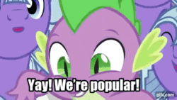 Size: 640x360 | Tagged: safe, edit, edited screencap, editor:undeadponysoldier, screencap, spike, thorax, changeling, dragon, pony, series:spikebob scalepants, the times they are a changeling, animated, crystal guard, cute, edited gif, happy, male, reference, royal guard, spikabetes, spongebob reference, spongebob squarepants, stallion, the chaperone, thorabetes