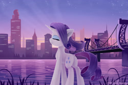 Size: 3000x2000 | Tagged: safe, artist:emeraldgalaxy, derpibooru import, rarity, pony, unicorn, g4, bridge, building, butt, chest fluff, city, cityscape, crepuscular rays, crystaller building, cute, dock, ear fluff, ears, eyes closed, female, high res, horn, leg fluff, manehattan, mare, outdoors, plot, profile, raribetes, river, signature, skyline, smiling, solo, tail, water