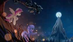Size: 2800x1600 | Tagged: safe, artist:emeraldgalaxy, derpibooru import, princess celestia, princess luna, alicorn, pony, g4, cewestia, duo, duo female, eyebrows, female, filly, flying, foal, folded wings, full moon, grass, high res, horn, moon, mountain, night, night sky, outdoors, pink-mane celestia, pointing, raised hoof, raised leg, royal sisters, s1 luna, scenery, siblings, signature, sisters, sky, spread wings, tree, tree branch, wings, woona, younger