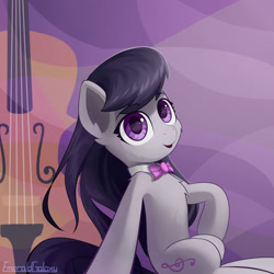 Size: 2000x2000 | Tagged: safe, artist:emeraldgalaxy, derpibooru import, octavia melody, earth pony, pony, g4, bowtie, cello, chest fluff, cute, ear fluff, ears, eyebrows, eyebrows visible through hair, female, high res, looking at you, mare, musical instrument, open mouth, open smile, signature, smiling, smiling at you, solo, tavibetes