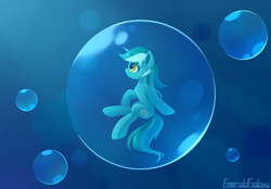 Size: 2300x1600 | Tagged: safe, artist:emeraldgalaxy, derpibooru import, lyra heartstrings, pony, unicorn, g4, bubble, crepuscular rays, female, golden eyes, horn, in bubble, looking up, mare, ocean, signature, smiling, solo, underwater, water