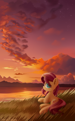 Size: 1800x2900 | Tagged: safe, artist:emeraldgalaxy, derpibooru import, sunset shimmer, pony, unicorn, g4, cloud, cute, ear fluff, ears, eye clipping through hair, eyebrows, eyebrows visible through hair, female, frog (hoof), grass, high res, horn, looking at you, looking back, looking back at you, lying down, mare, outdoors, profile, prone, scenery, shimmerbetes, signature, sky, smiling, smiling at you, solo, sunset, sweet dreams fuel, twilight (astronomy), underhoof, water