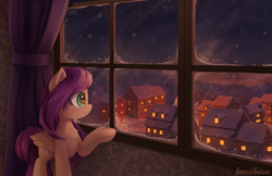 Size: 2940x1900 | Tagged: safe, artist:emeraldgalaxy, derpibooru import, fluttershy, pegasus, pony, g4, city, eye clipping through hair, eyebrows, eyebrows visible through hair, female, folded wings, high res, house, indoors, looking away, looking out the window, mare, ponyville, profile, raised hoof, raised leg, scenery, signature, smiling, snow, solo, standing, window, wings, winter
