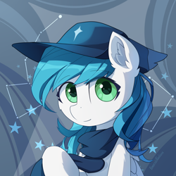 Size: 3000x3000 | Tagged: safe, artist:emeraldgalaxy, derpibooru import, oc, oc only, oc:cynosura, pegasus, pony, bust, clothes, commission, constellation, ear fluff, ears, eye clipping through hair, eyebrows, eyebrows visible through hair, female, hat, high res, looking at you, mare, pegasus oc, scarf, signature, smiling, smiling at you, solo