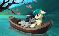 Size: 2650x1656 | Tagged: safe, artist:emeraldgalaxy, derpibooru import, octavia melody, oc, oc:remainatto, earth pony, pony, unicorn, g4, attovia, blushing, boat, canon x oc, chest fluff, commission, duo, duo male and female, ear fluff, ears, eye clipping through hair, eye contact, eyebrows, eyebrows visible through hair, female, floppy ears, high res, horn, looking at each other, looking at someone, male, mare, not sandbar, open mouth, outdoors, river, scenery, shipping, signature, stallion, straight, tree branch, unicorn oc, water
