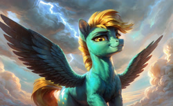 Size: 2176x1344 | Tagged: safe, ai content, derpibooru import, generator:easyfluff v11.2, machine learning generated, lightning dust, pegasus, cloud, female, lightning, mare, prompter:aiponyanon, smiling, smirk, solo, the quality of ai art is frightening