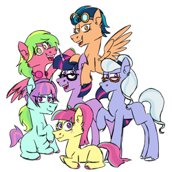 Size: 1100x1100 | Tagged: safe, artist:fuckomcfuck, derpibooru exclusive, derpibooru import, indigo zap, lemon zest, sci-twi, sour sweet, sugarcoat, sunny flare, twilight sparkle, earth pony, pegasus, pony, unicorn, freckles, glasses, goggles, headphones, simple background, transparent background