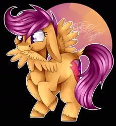 Size: 1829x1984 | Tagged: safe, artist:jorge-styx, artist:spaceyart1, derpibooru import, scootaloo, pegasus, pony, collaboration, black background, grooming, preening, simple background, solo, wings