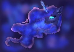 Size: 2000x1400 | Tagged: safe, artist:spaceyart1, derpibooru import, princess luna, pony, abstract background, blank eyes, ethereal mane, galaxy mane, glowing, glowing eyes, head only, lacrimal caruncle, solo