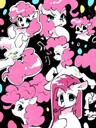 Size: 1620x2160 | Tagged: safe, artist:lendftcn, derpibooru import, pinkie pie, earth pony, pony, balloon, black background, chibi, female, mare, open mouth, open smile, party horn, pinkamena diane pie, simple background, smiling, solo