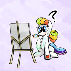 Size: 1000x1000 | Tagged: safe, artist:nonnyanon, derpibooru import, earth pony, pony, g3, g4, canvas, female, finger paints, g3 to g4, generation leap, mare, mouth hold, paint, painting, question mark, sitting, solo