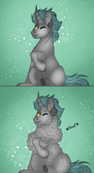 Size: 2630x4848 | Tagged: safe, artist:inisealga, derpibooru import, oc, oc only, oc:lunar signal, bat pony, hybrid, unicorn, bat pony unicorn, beanbrows, cheek fluff, cute, ear fluff, ears, eyebrows, fangs, fluffy, horn, hybrid oc, looking at you, neck fluff, one eye closed, sitting, wink