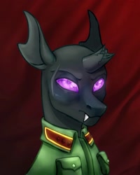 Size: 1200x1500 | Tagged: safe, artist:mr.catfish, derpibooru import, oc, changeling, equestria at war mod, bald, broken horn, bust, changeling oc, eye scar, facial scar, frown, horn, looking at you, male, portrait, purple eyes, red background, scar, simple background, solo