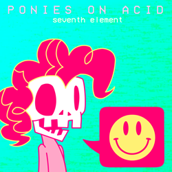 Size: 1400x1400 | Tagged: safe, artist:hackd, derpibooru import, pinkie pie, earth pony, pony, acid, album cover, bipedal, bust, pictogram, skull, smiley face, solo, speech bubble