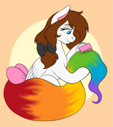 Size: 601x675 | Tagged: safe, artist:bluegirrafe17, derpibooru import, oc, oc only, oc:color splash, pegasus, pony, bow, comb, female, hair bow, hoof hold, lidded eyes, mare, orange background, rainbow tail, simple background, smiling, solo, tail, tail bow