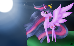 Size: 1720x1080 | Tagged: safe, artist:lovelydreams14, derpibooru import, twilight sparkle, twilight sparkle (alicorn), alicorn, pony, crepuscular rays, crying, female, full moon, immortality blues, long mane, long tail, looking up, mare, moon, profile, solo, spread wings, stylized, tail, teary eyes, wings