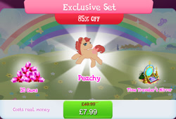 Size: 1266x856 | Tagged: safe, derpibooru import, idw, peachy, earth pony, pony, g1, g4, bow, bundle, bush, costs real money, english, female, gameloft, gem, idw showified, mare, mobile game, my little pony: magic princess, numbers, official, sale, solo, tail, tail bow, text