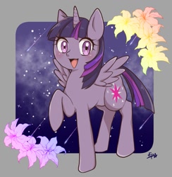 Size: 1017x1042 | Tagged: safe, artist:点p☆, derpibooru import, twilight sparkle, twilight sparkle (alicorn), alicorn, pony, female, flower, looking at you, mare, open mouth, raised hoof, raised leg, signature, solo, spread wings, stars, wings