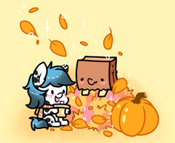 Size: 1400x1150 | Tagged: safe, artist:paperbagpony, derpibooru import, oc, oc only, oc:dot, oc:paper bag, blushing, chibi, clothes, leaves, orange background, pumpkin, scarf, simple background, striped scarf