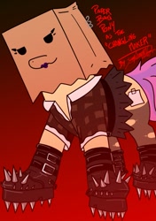Size: 615x872 | Tagged: safe, artist:shutterpone, derpibooru import, oc, oc only, oc:paper bag, boots, clothes, eyelashes, fake cutie mark, gradient background, lipstick, makeup, piercing, purple lipstick, ripped stockings, shirt, shoes, skirt, solo, spikes, stockings, thigh highs, torn clothes