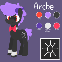 Size: 2000x2000 | Tagged: safe, artist:arche, derpibooru import, oc, oc only, oc:arche medley, demon, demon pony, bowtie, cufflinks, reference sheet