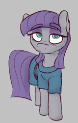 Size: 227x357 | Tagged: safe, artist:newpone, derpibooru import, maud pie, earth pony, pony, clothes, eyebrows, eyebrows visible through hair, female, gray background, mare, simple background, solo, sweat