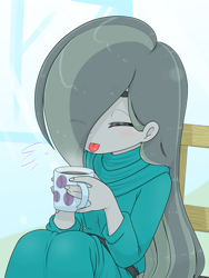 Size: 1668x2224 | Tagged: safe, artist:batipin, derpibooru import, marble pie, human, equestria girls, chair, coffee, coffee cup, cup, cutie mark, equestria girls-ified, eyes closed, female, indoors, sitting, solo, tongue, tongue out, window