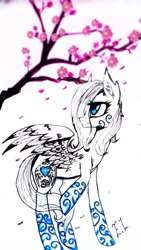 Size: 542x960 | Tagged: safe, artist:hysteriana, derpibooru import, oc, oc:hysteriana, angel, pegasus, cherry blossoms, flower, flower blossom, folded wings, old art, pattern, sketch, wings