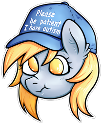 Size: 1581x1892 | Tagged: safe, artist:coco-drillo, derpibooru import, derpy hooves, pegasus, pony, autism, bust, derp, ear fluff, ears, hat, head only, meme, please be patient i have autism, portrait, scrunchy face, simple background, solo, transparent background