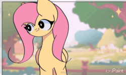 Size: 1700x1020 | Tagged: safe, artist:miryelis, derpibooru import, fluttershy, pegasus, pony, animated, big ears, cute, ears, female, gif, heart, long hair, looking at you, mare, shyabetes, signature, smiling, smiling at you, solo