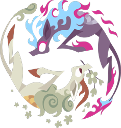 Size: 2545x2687 | Tagged: safe, alternate version, artist:dany-the-hell-fox, derpibooru import, kirin, nirik, sounds of silence, duality, duo, flower, mane of fire, mouth hold, simple background, trace, transparent background, vector, yin-yang