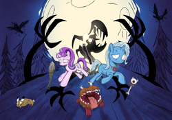 Size: 2388x1668 | Tagged: safe, artist:weiling, derpibooru import, starlight glimmer, trixie, pony, unicorn, crossover, cute, don't starve, moon, night, shadow, simple background, tree