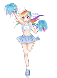 Size: 596x815 | Tagged: safe, artist:rainn__1026, derpibooru import, rainbow dash, human, :o, blushing, cheerleader, cheerleader outfit, clothes, eye clipping through hair, eyebrows, eyebrows visible through hair, female, midriff, open mouth, pom pom, shoes, simple background, skirt, solo, white background