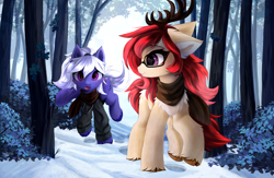 Size: 3846x2500 | Tagged: safe, artist:empress-twilight, derpibooru import, deer, deer pony, hybrid, original species, pegasus, pony, antlers, bush, clothes, cloven hooves, forest, glasses, hoofprints, leaves, scarf, snow, sweatshirt, tail, tree, walking